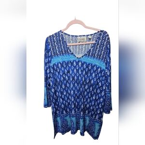 Linea by Louis Dell’Olio Size XL Blue & White Printed V-Neckline Blouse Top